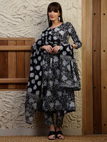 Thumbnail for Floral Printed Flared Kurta With Pant & Dupatta, Black - Hiral Fashion - Distacart