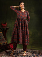 Thumbnail for Printed Flared Anarkali Kurta With Pant & Dupatta, Rust - Hiral Fashion - Distacart