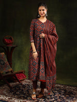 Thumbnail for Printed Flared Anarkali Kurta With Pant & Dupatta, Rust - Hiral Fashion - Distacart