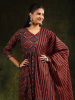 Thumbnail for Printed Flared Anarkali Kurta With Pant & Dupatta, Rust - Hiral Fashion - Distacart