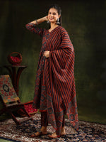 Thumbnail for Printed Flared Anarkali Kurta With Pant & Dupatta, Rust - Hiral Fashion - Distacart