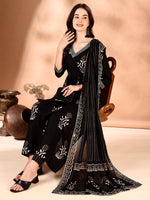 Thumbnail for Embroidered & Ethnic Motifs Printed Flared Kurta With Pant & Dupatta, Black - Hiral Fashion - Distacart
