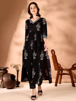 Thumbnail for Embroidered & Ethnic Motifs Printed Flared Kurta With Pant & Dupatta, Black - Hiral Fashion - Distacart