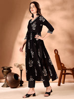 Thumbnail for Embroidered & Ethnic Motifs Printed Flared Kurta With Pant & Dupatta, Black - Hiral Fashion - Distacart