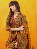 Thumbnail for Floral Printed A-Line Flared Kurta With Palazzo & Dupatta, Mustard - Hiral Fashion - Distacart
