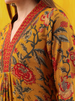 Thumbnail for Floral Printed A-Line Flared Kurta With Palazzo & Dupatta, Mustard - Hiral Fashion - Distacart