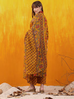 Thumbnail for Floral Printed A-Line Flared Kurta With Palazzo & Dupatta, Mustard - Hiral Fashion - Distacart