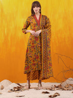 Thumbnail for Floral Printed A-Line Flared Kurta With Palazzo & Dupatta, Mustard - Hiral Fashion - Distacart