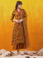 Thumbnail for Floral Printed A-Line Flared Kurta With Palazzo & Dupatta, Mustard - Hiral Fashion - Distacart