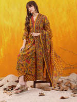 Thumbnail for Floral Printed A-Line Flared Kurta With Palazzo & Dupatta, Mustard - Hiral Fashion - Distacart