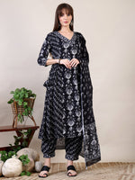 Thumbnail for Printed Flared Kurta With Afghani Pant & Dupatta, Black - Hiral Fashion - Distacart