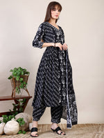 Thumbnail for Printed Flared Kurta With Afghani Pant & Dupatta, Black - Hiral Fashion - Distacart