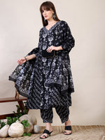 Thumbnail for Printed Flared Kurta With Afghani Pant & Dupatta, Black - Hiral Fashion - Distacart
