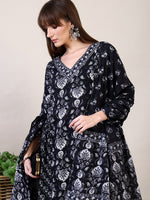 Thumbnail for Printed Flared Kurta With Afghani Pant & Dupatta, Black - Hiral Fashion - Distacart