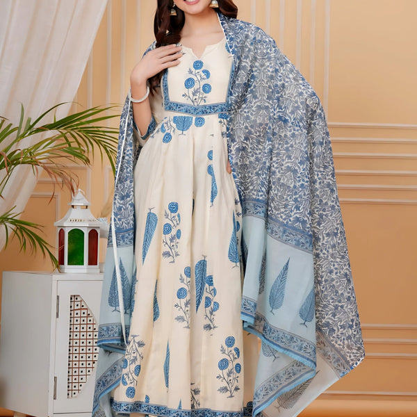 Ethnic Motifs Printed Anarkali Kurta With Pant & Dupatta, Aqua-Blue - Hiral Fashion - Distacart