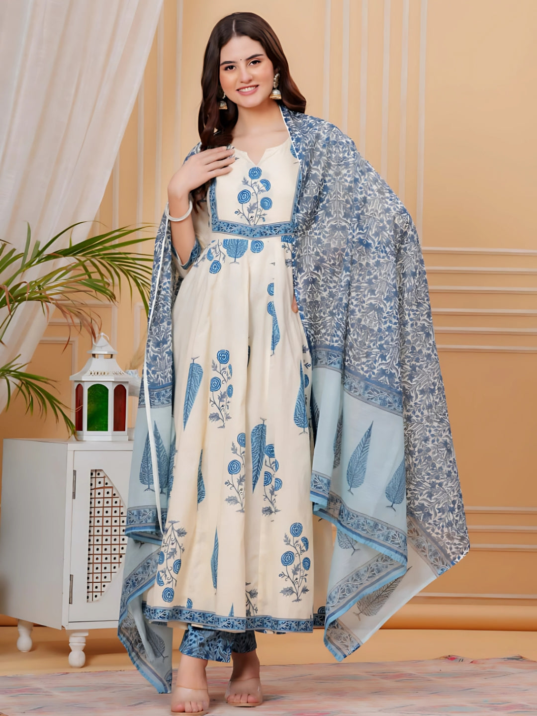 Ethnic Motifs Printed Anarkali Kurta With Pant & Dupatta, Aqua-Blue - Hiral Fashion