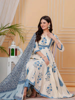 Thumbnail for Ethnic Motifs Printed Anarkali Kurta With Pant & Dupatta, Aqua-Blue - Hiral Fashion - Distacart
