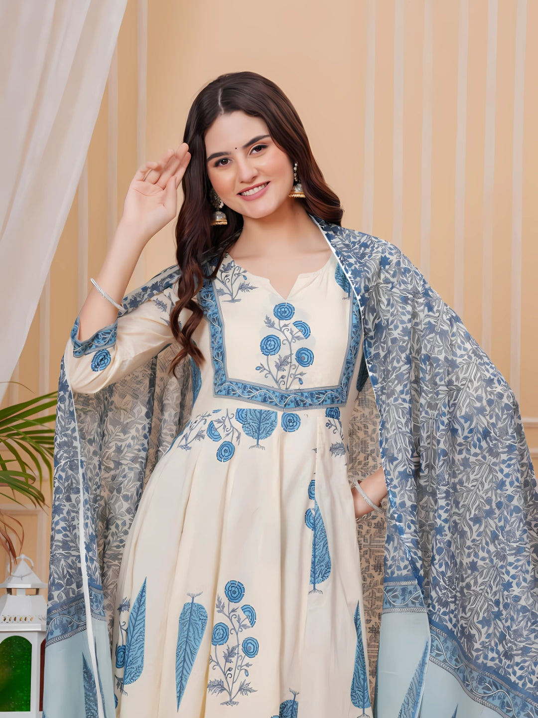 Ethnic Motifs Printed Anarkali Kurta With Pant & Dupatta, Aqua-Blue - Hiral Fashion - Distacart