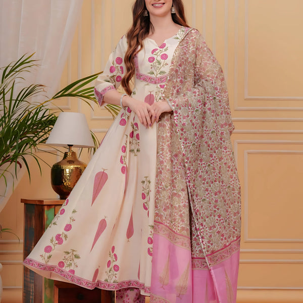 Ethnic Motifs Printed Anarkali Kurta With Pant & Dupatta, Pink - Hiral Fashion - Distacart