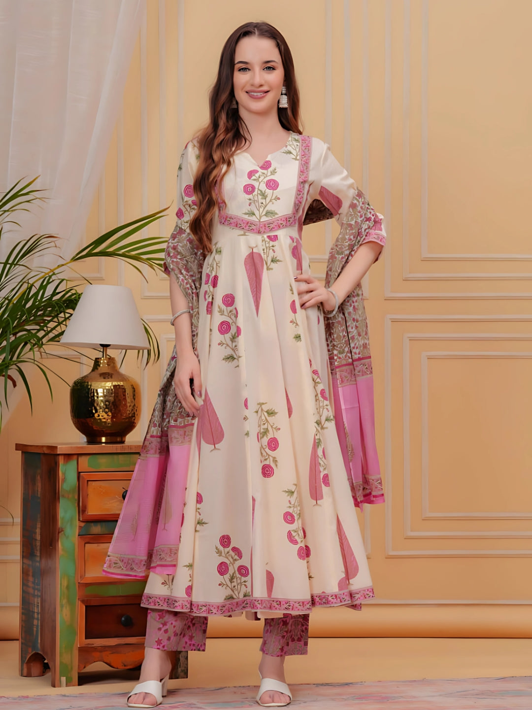 Ethnic Motifs Printed Anarkali Kurta With Pant & Dupatta, Pink - Hiral Fashion - Distacart
