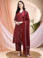 Thumbnail for Embroidered & Bandhni A-Line Printed Kurta With Pant & Coordinated Dupatta, Maroon - Hiral Fashion - Distacart