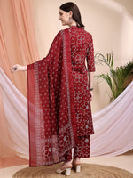 Thumbnail for Embroidered & Bandhni A-Line Printed Kurta With Pant & Coordinated Dupatta, Maroon - Hiral Fashion - Distacart