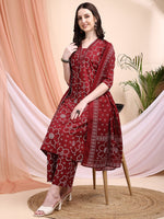 Thumbnail for Embroidered & Bandhni A-Line Printed Kurta With Pant & Coordinated Dupatta, Maroon - Hiral Fashion - Distacart