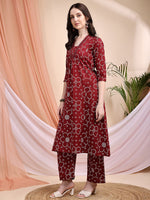 Thumbnail for Embroidered & Bandhni A-Line Printed Kurta With Pant & Coordinated Dupatta, Maroon - Hiral Fashion - Distacart