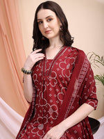 Thumbnail for Embroidered & Bandhni A-Line Printed Kurta With Pant & Coordinated Dupatta, Maroon - Hiral Fashion - Distacart