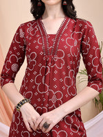 Thumbnail for Embroidered & Bandhni A-Line Printed Kurta With Pant & Coordinated Dupatta, Maroon - Hiral Fashion - Distacart