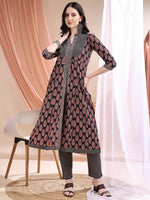 Thumbnail for Front Slit Motifs A-Line Printed Kurta With Pant & Dupatta, Black - Hiral Fashion - Distacart