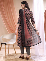 Thumbnail for Front Slit Motifs A-Line Printed Kurta With Pant & Dupatta, Black - Hiral Fashion - Distacart