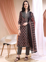 Thumbnail for Front Slit Motifs A-Line Printed Kurta With Pant & Dupatta, Black - Hiral Fashion - Distacart