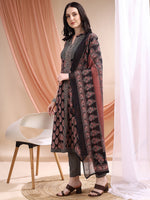Thumbnail for Front Slit Motifs A-Line Printed Kurta With Pant & Dupatta, Black - Hiral Fashion - Distacart