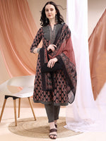 Thumbnail for Front Slit Motifs A-Line Printed Kurta With Pant & Dupatta, Black - Hiral Fashion - Distacart