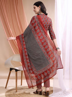 Thumbnail for Front Slit Motifs A-Line Printed Kurta With Pant & Dupatta, Maroon - Hiral Fashion - Distacart