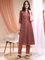 Thumbnail for Front Slit Motifs A-Line Printed Kurta With Pant & Dupatta, Maroon - Hiral Fashion - Distacart