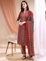 Thumbnail for Front Slit Motifs A-Line Printed Kurta With Pant & Dupatta, Maroon - Hiral Fashion - Distacart