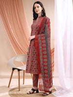 Thumbnail for Front Slit Motifs A-Line Printed Kurta With Pant & Dupatta, Maroon - Hiral Fashion - Distacart
