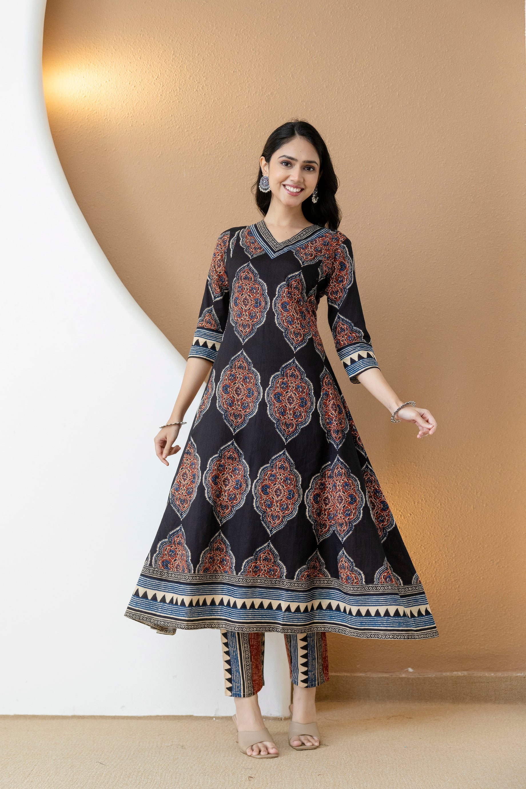 Ethnic Motif Printed Anarkali Kurta Set With Matching Pants & Dupatta, Black - Hiral Fashion - Distacart