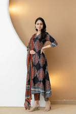 Thumbnail for Ethnic Motif Printed Anarkali Kurta Set With Matching Pants & Dupatta, Black - Hiral Fashion - Distacart