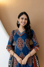 Thumbnail for Ethnic Motif Printed Anarkali Kurta Set With Matching Pants & Dupatta, Blue - Hiral Fashion - Distacart