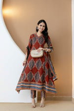 Thumbnail for Ethnic Motif Printed Anarkali Kurta Set With Matching Pants & Dupatta, Rust - Hiral Fashion - Distacart