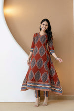Thumbnail for Ethnic Motif Printed Anarkali Kurta Set With Matching Pants & Dupatta, Rust - Hiral Fashion - Distacart