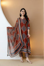 Thumbnail for Ethnic Motif Printed Anarkali Kurta Set With Matching Pants & Dupatta, Rust - Hiral Fashion - Distacart