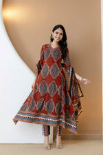 Thumbnail for Ethnic Motif Printed Anarkali Kurta Set With Matching Pants & Dupatta, Rust - Hiral Fashion - Distacart