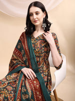 Thumbnail for Paisley Printed Angarkha Style Anarkali Kurta With Pant & Dupatta, Bottle-Green - Hiral Fashion - Distacart