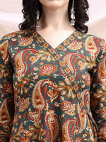 Thumbnail for Paisley Printed Angarkha Style Anarkali Kurta With Pant & Dupatta, Bottle-Green - Hiral Fashion - Distacart