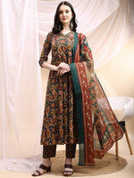 Thumbnail for Paisley Printed Angarkha Style Anarkali Kurta With Pant & Dupatta, Bottle-Green - Hiral Fashion - Distacart