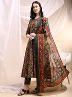 Thumbnail for Paisley Printed Angarkha Style Anarkali Kurta With Pant & Dupatta, Bottle-Green - Hiral Fashion - Distacart